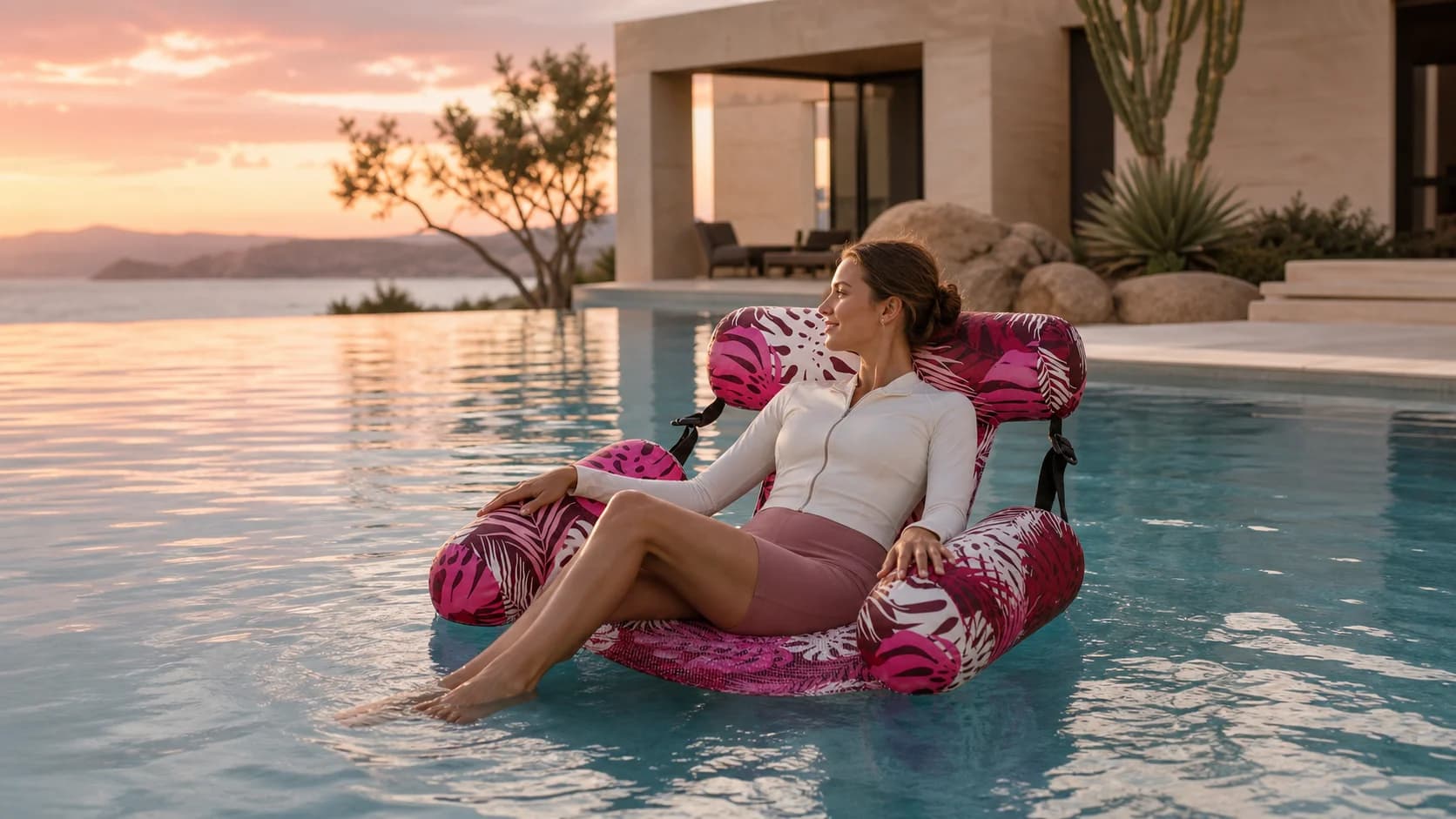 Woman relaxing on a Coral Pink Poolora Float Chair in an infinity pool at sunset